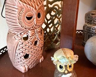Vintage Ceramic Owl Luminary and Figurine with Bonnet