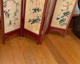 Vintage Hand-Painted Silk Four-Panel Miniature Table Screen with Birds and Floral Motifs