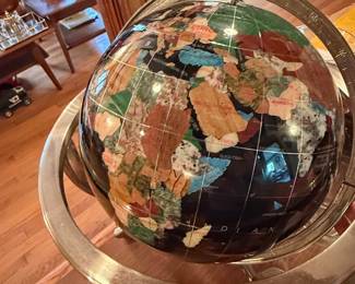 Vintage Semi-Precious Gemstone Inlaid World Globe with Compass