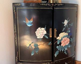 Vintage Chinoiserie Black Lacquer Corner Cabinet with Hand-Painted Birds and Flowers