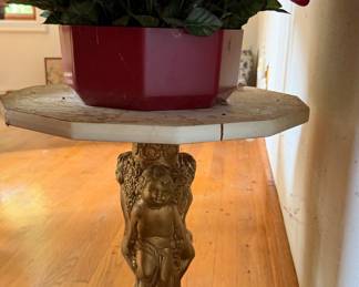 Vintage Gold Cherub Pedestal Stand with Faux Marble Top