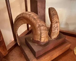 Vintage Ram Horns on Wooden Base Sculpture