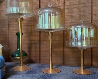 Vintage Amber Glass Pedestal Cake Stands with Domes