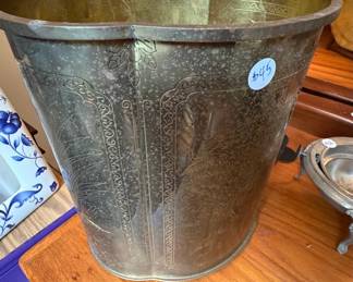 Vintage Etched Brass Wastebasket