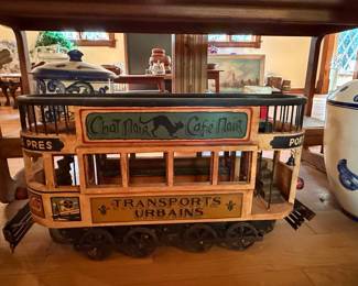 Vintage Large Hand-Painted Wooden French Double Decker Tram Model