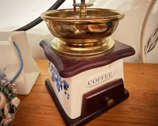 Vintage Porcelain Coffee Mill with Blue Floral Pattern