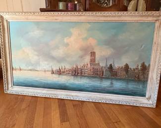 Vintage Dutch Harbor Landscape Oil Painting signed A. Bongers