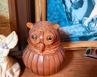 Vintage Woven Owl Basket with Lidded Head