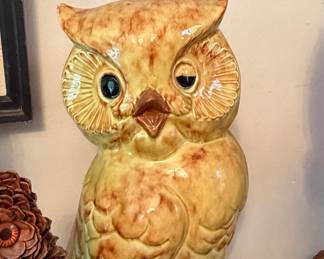 Vintage Ceramic Owl Figurine - Mottled Yellow and Brown Glaze
