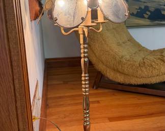 Vintage Brass Floor Lamp with Etched Glass Shade