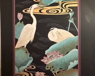 Vintage Schamerhorn Heron and Lotus Decorative Painting