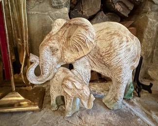 Vintage Concrete Mother and Baby Elephant Statue