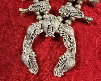 Signed Native American squash, blossom necklace