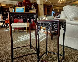 Two chinese side yables/plant stands. Larger one has glass on base