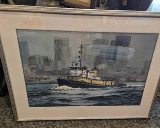Tug boat original signed watercolor. 39" x 51.5"