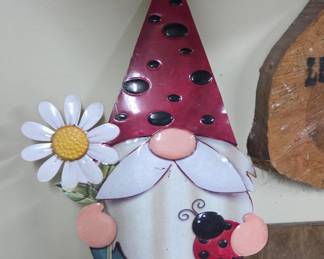 Metal Garden Gnome with Ladybug and Daisy Decor