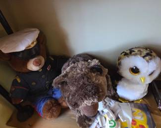 Assorted Plush Toys Collection: Military Bear, Ty Beanie Boos Owl, and Brown Bear