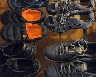 Assorted Footwear Collection: Columbia Trail Shoes, Skechers Memory Foam Trail Shoes, Puffer Slippers, and Aqua Shoes