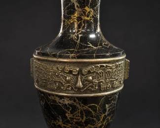 Champleve-Style Black Marbled Brass Vase