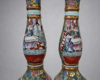 Figural Asian Floral Ceramic Vase Pair