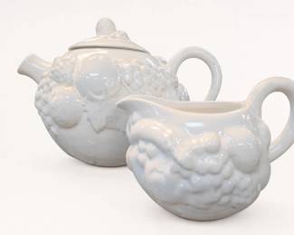 White Ceramic Grape-Relief Teapot & Creamer