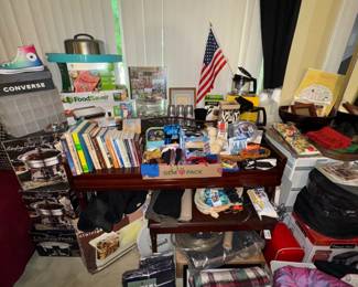Vintage furniture, up right piano, books, food server saver, domed cake plate, food warmer, Converse high-tops, ice maker NIB