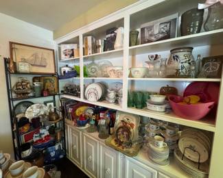 Fireplace screen, vintage tables, pictures, glassware, vintage records, lamp, vintage poker chips, cigar boxes, dining room table, Coca Cola glasses & trays, housewares, China, 20 piece cooking set, waffle maker, silverplate, sterling silver, platters, warming plates, tea cup & saucers, copper, butter dishes ,tea pots, coffee pots , glassware