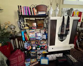 Display rack, books, armoire, training material, vintage games, accent tables, marble lamps vases, coffee grinder, vintage telephone, home decor