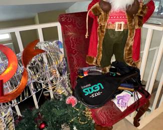 Christmas decor, Santa, garland & racquetball paddles, balls & gloves