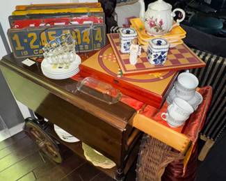 Tea Cart, Vintage & Antique car license plates, Chinese checkers, housewares, china
