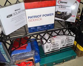 Camping & Survival gear, solar panels, stoves, tarps, firestarters NIB