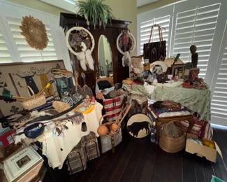 Native American Indian, Indian decor, ceremonial rattles & vintage wood armoire, wicker wine bottle holders