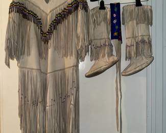Native American Indian leather, beaded dress, moccasins & headband