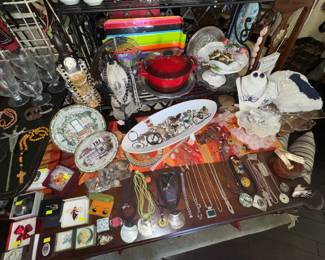 Costume jewlery, pewter platter, Dutch oven, loose stones