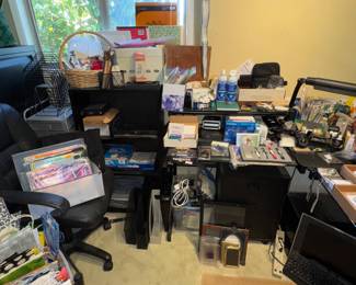 L shaped glass desk, office equipment & supplies, art supplies, desk chair, file cabinets, book shelves
