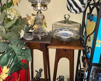 Vintage accent tables, boudoir lamp, domed cake pedestal cake stand, bronze statues