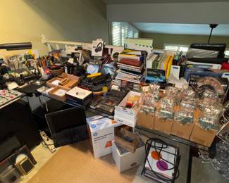L shaped glass desk, office equipment & supplies, computer screen, printer NIB, stocking hangers, binders, paper