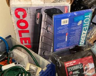 Camping & Survival gear, Coleman stoves, electrical cords, tarps