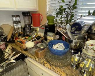 Kitchenware, Kitchen Aid mixer, blender, toaster, coffeemaker, Cuisinart food processor, tea cups, coffee pots