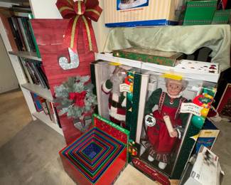 Christmas decorations, animated Mr. & Mrs. Santa Claus, gift box tower