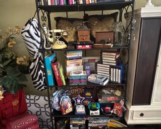 Display rack, books, armoire, training material, vintage games, marble lamps vases, coffee grinder, vintage telephone, home decor
