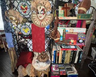 Masquerades masks, Fritz & Floyd plates, table cloth, rugs, pillows, drum, basket, bullet holster belt, Military books, vintage games, toys & footballs, CD's