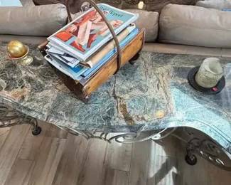 CH108VVintage Scrolled Iron Console Table With A Patterned Marble Top