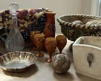 CH143Weathered Finish Pedestal Centerpiece, Bowl, Handmade Ceramic Carafe, Cups And More
