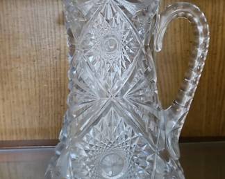 American Brilliant Period Cut Glass Water Pitcher, Whirling Star Pattern