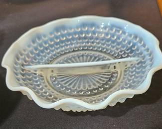 Anchor Hocking Opalescent Hobnail Moonstone Divided Relish Dish