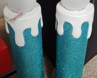 Pair of Teal Glitter LED Pillar Candles with Faux Drip