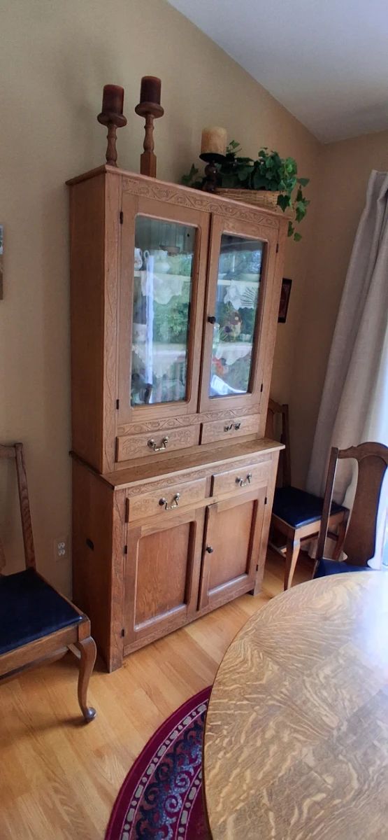 Vintage Oak Hoosier-Style Kitchen Cabinet / Hutch – Two-Piece Cupboard