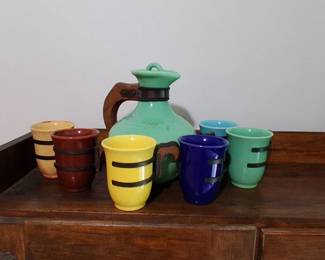 vintage Franciscan El Patio pottery coffee carafe and matching mugs set by Gladding McBean
