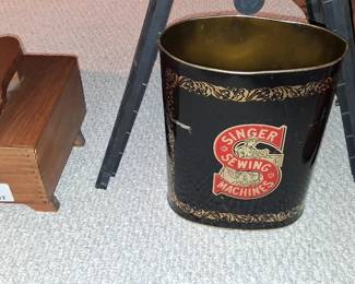 Singer sewing machine waste basket and shoe shine kit vintage